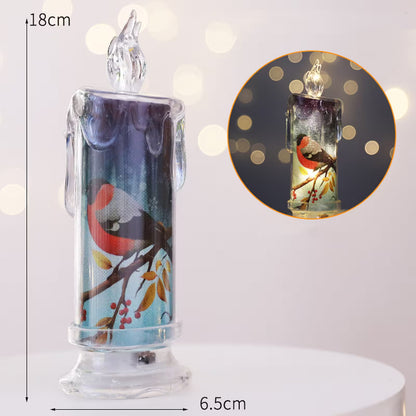 Decorative candle with bird design, shown with measurements and a close-up inset.