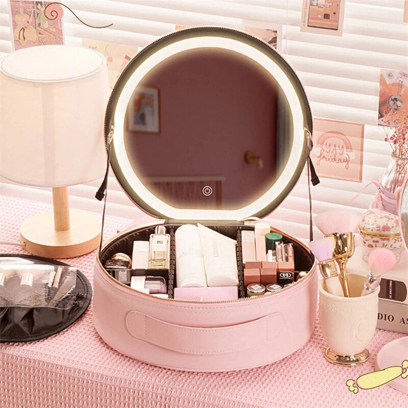 USB Rechargeable Smart Makeup Bag With LED Mirror Lights - Pink Color