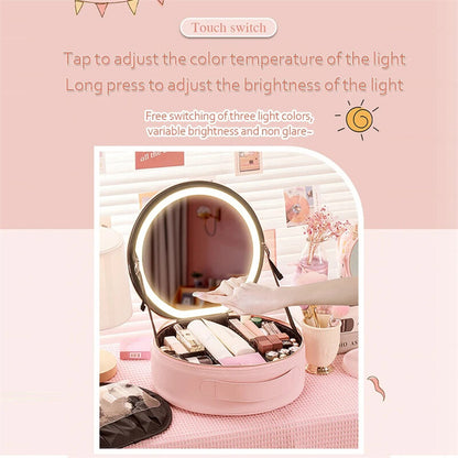 Lighted makeup case features 3 color lights - cold light, natural light, and warm light and it can be freely switched. Long press the switch to adjust the light brightness.