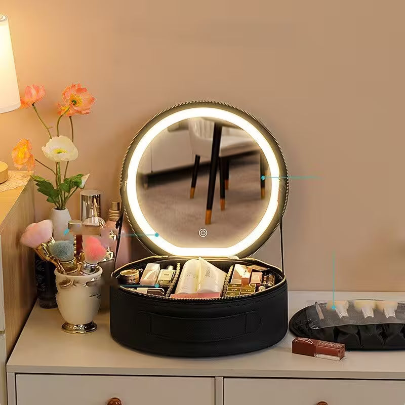 Round LED vanity mirror on a dresser with makeup items and decorative elements.