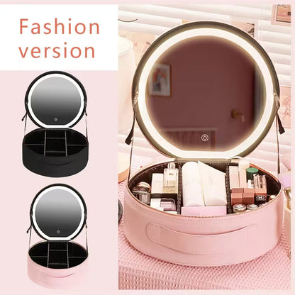 Makeup mirror with LED lights and storage space, shown in pink and black versions.