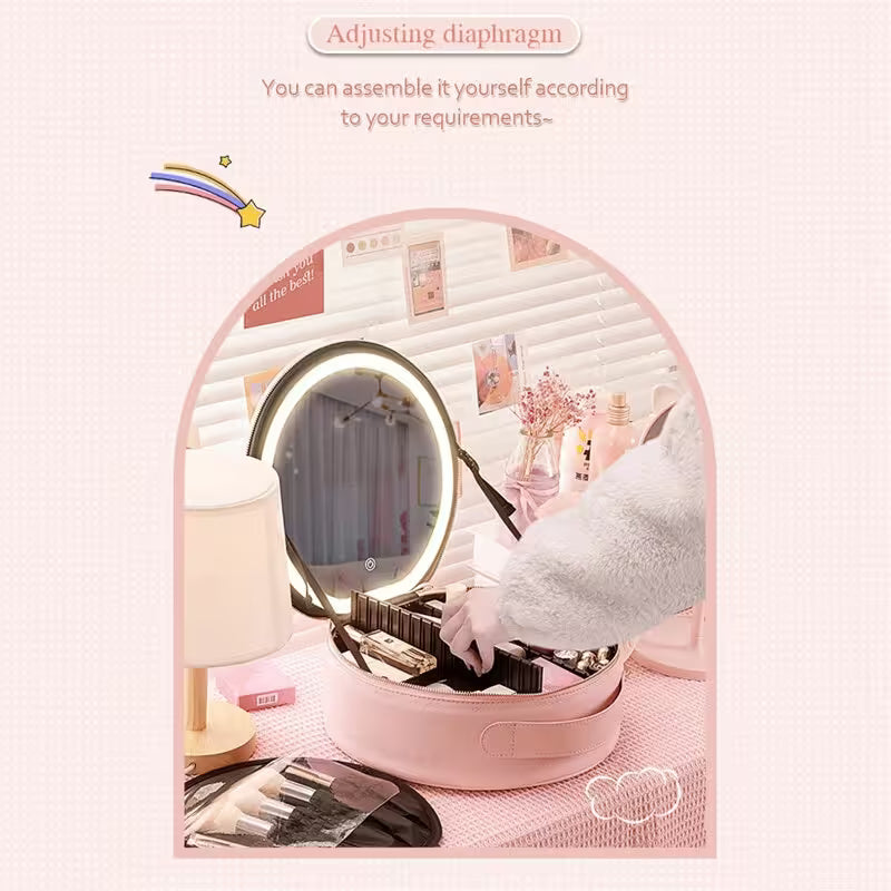 Pink vanity mirror with light and makeup items on a pink background