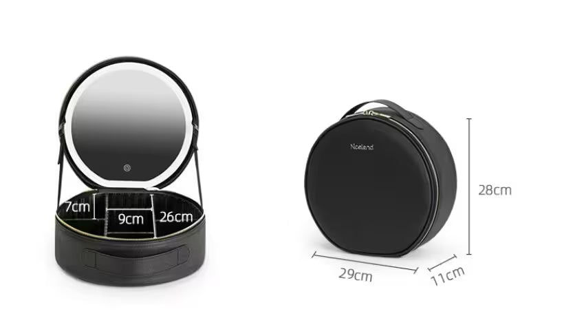 Black round mirror with dimensions displayed on a white background