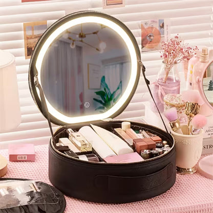 Makeup case with a round mirror featuring LED lighting on a pink surface.