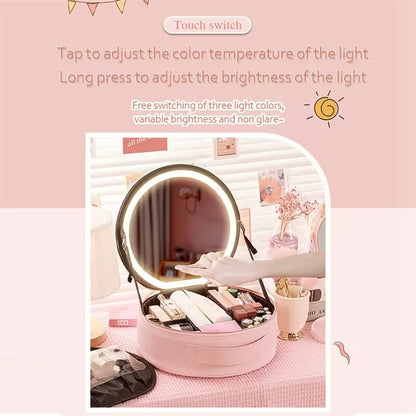 Pink makeup organizer with a mirror on a pink background