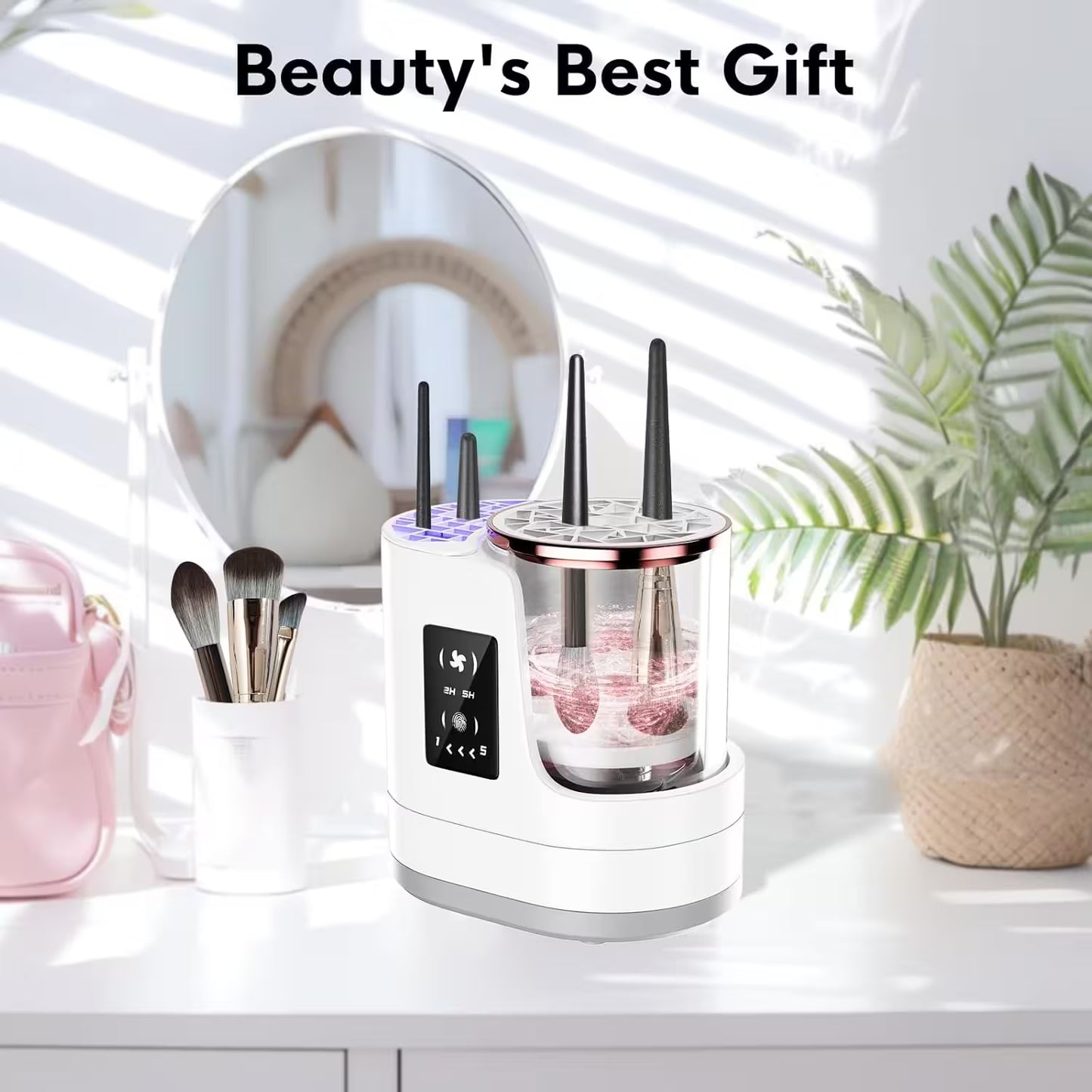 Beauty tool with digital display on a white surface with decorative items.