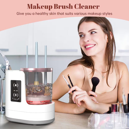 Woman using a makeup brush cleaner with text about healthy skin and various makeup styles.
