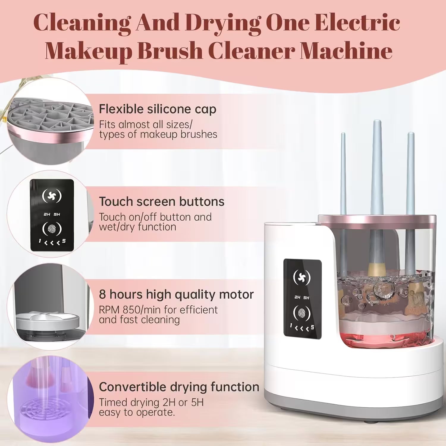 Electric makeup brush cleaner machine with features highlighted on a pink background