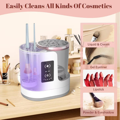 Cosmetic cleaning device with various cosmetic items on a wooden surface.