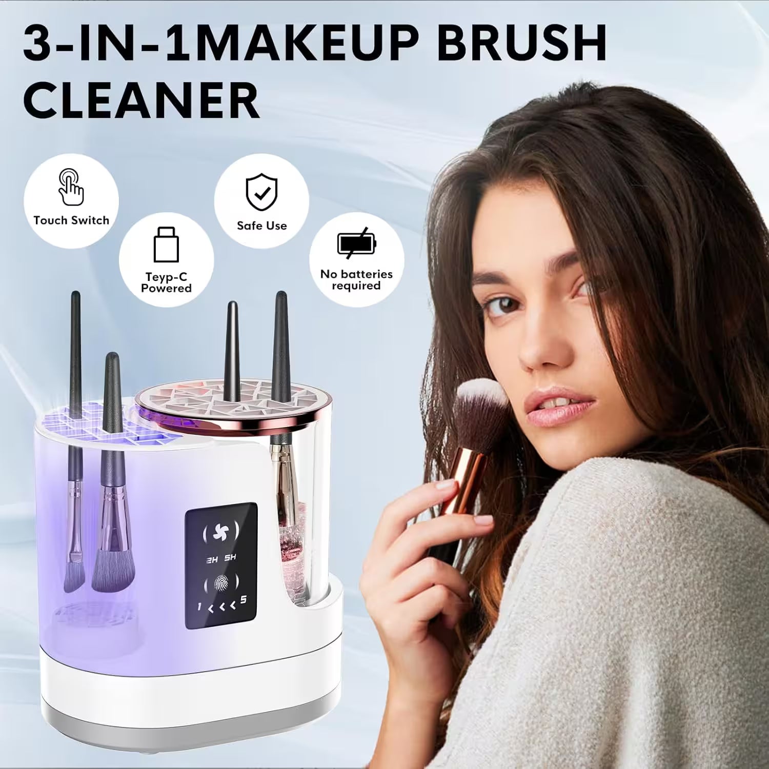 3-in-1 makeup brush cleaner with a woman holding a brush on a light blue background