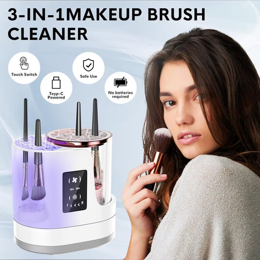 3-in-1 makeup brush cleaner with a woman holding a brush on a light blue background