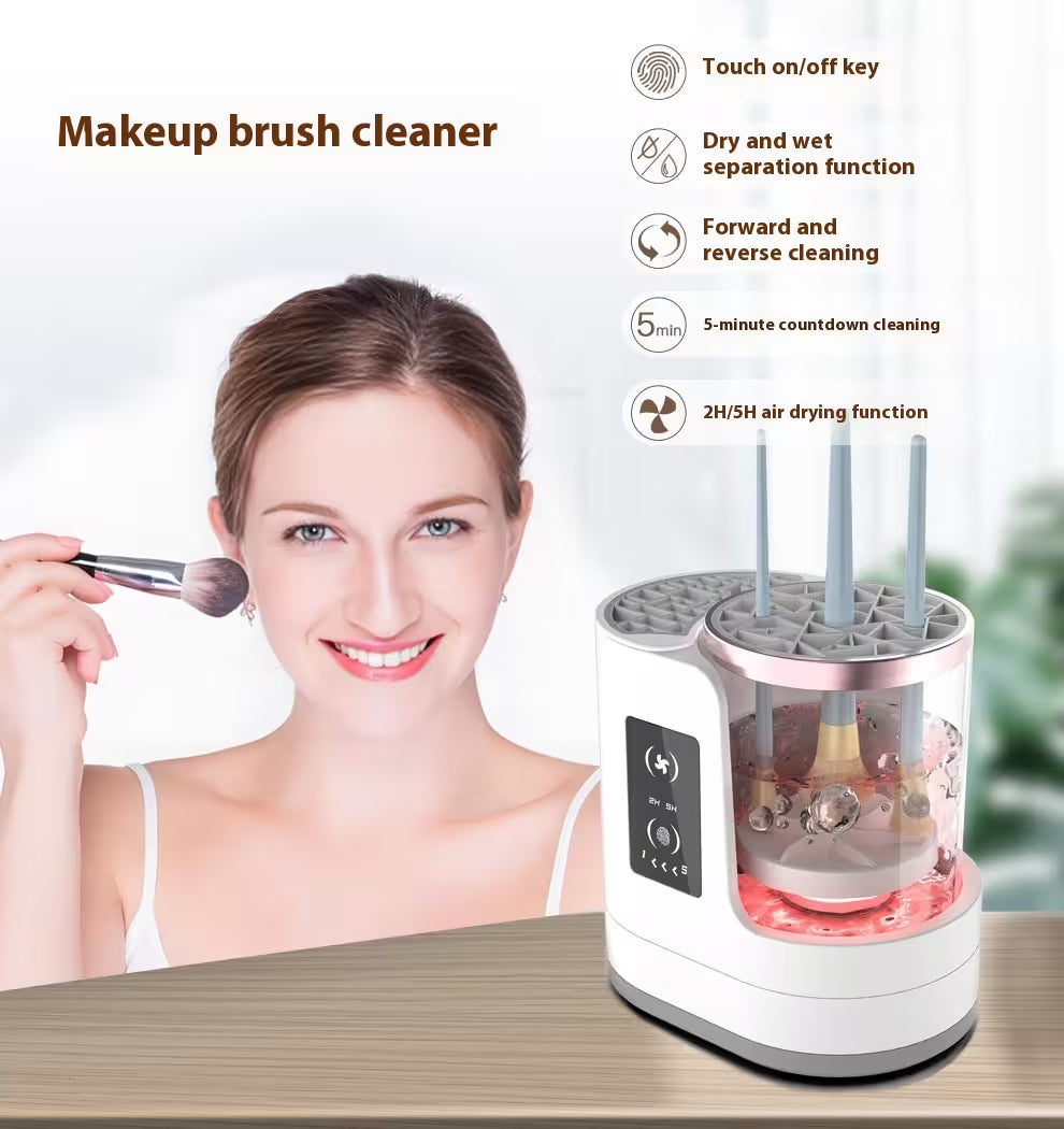 Makeup brush cleaner with a woman using a brush, featuring text on its functions.
