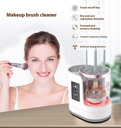 Makeup brush cleaner with a woman using a brush, featuring text on its functions.