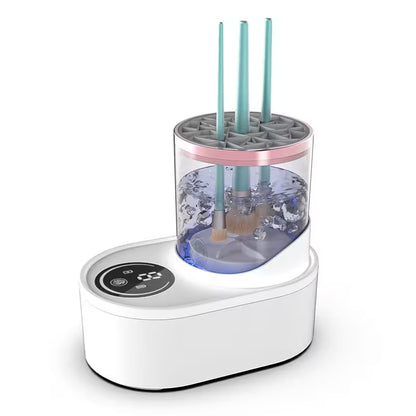 White electronic device with a transparent container holding brushes on a white background