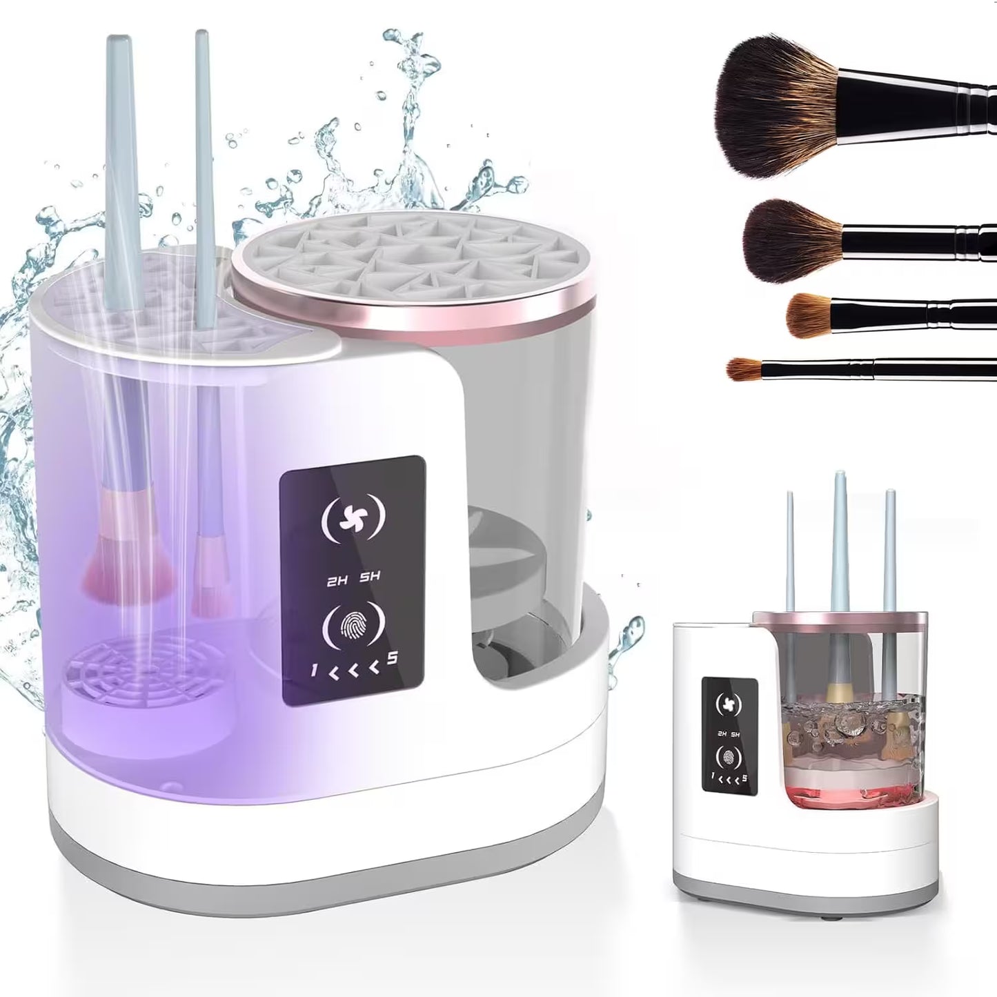 Makeup brush cleaning device with brushes and water splashes on a white background