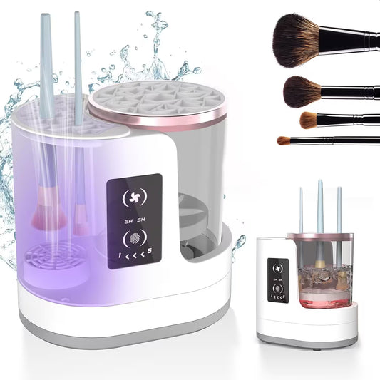 Makeup brush cleaning device with brushes and water splashes on a white background