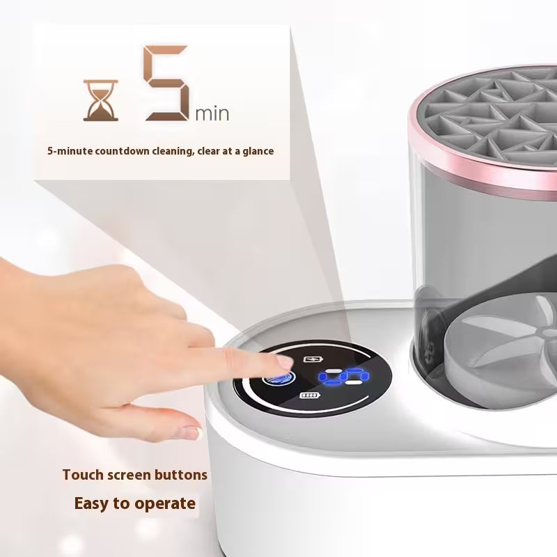 Hand pressing a button on a cleaning device with text about a 5-minute countdown and touch screen buttons.