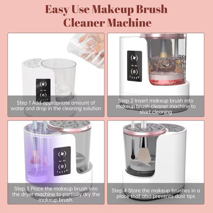 Makeup brush cleaner machine with step-by-step instructions on a pink background