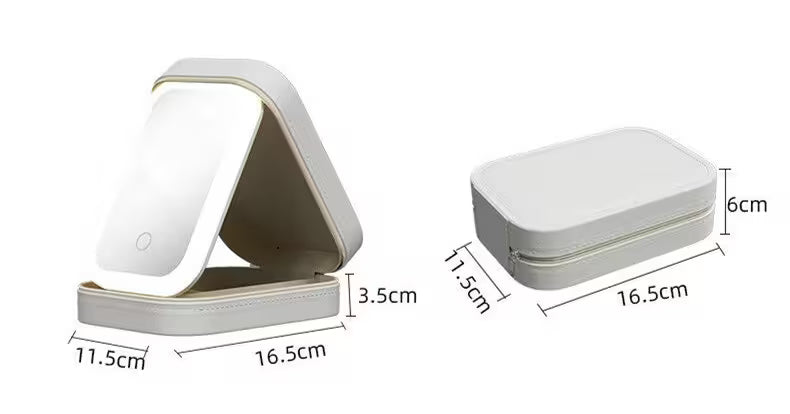 White jewelry box with dimensions labeled on a white background