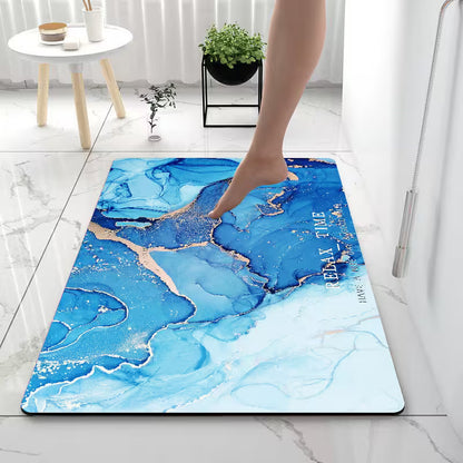 Blue marbled rug with gold accents on a marble floor