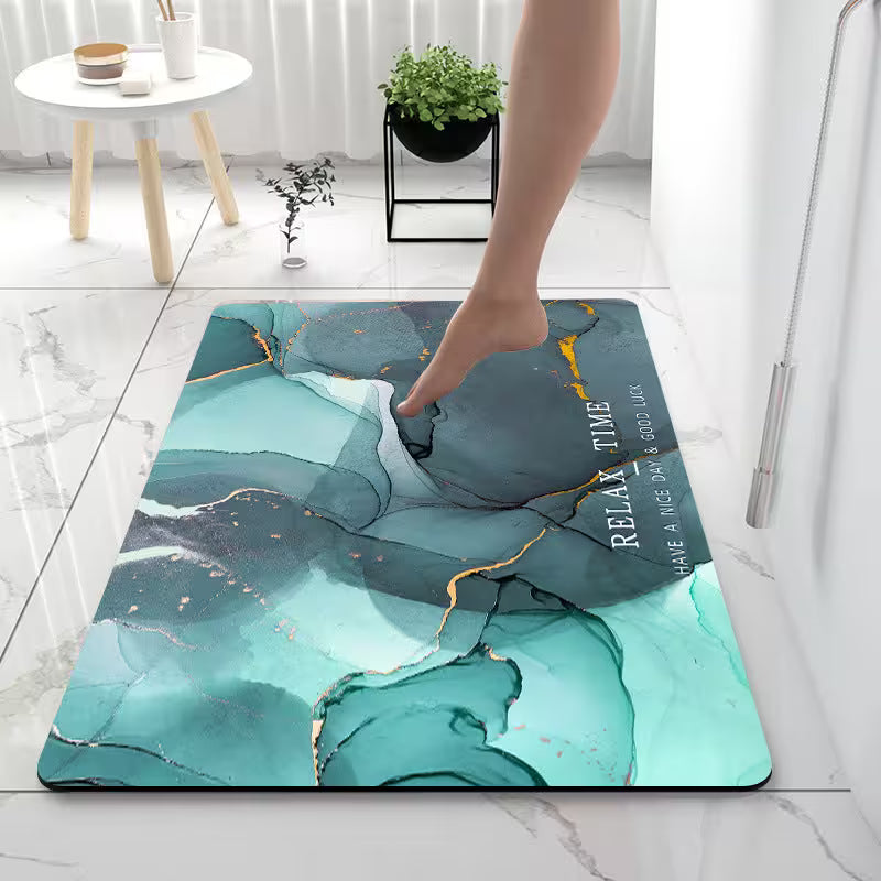 Decorative rug with abstract design and text on a marble floor.