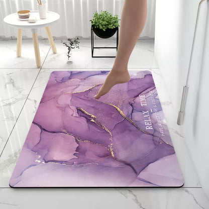 Purple abstract rug with gold accents on a marble floor