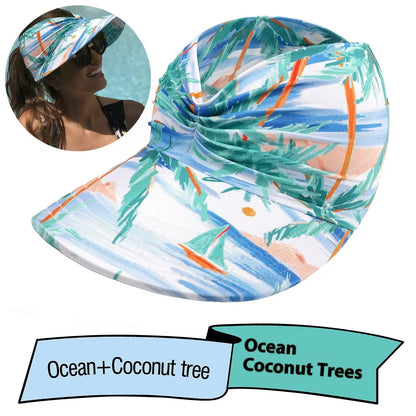 Colorful bucket hat with ocean and coconut tree design on a white background