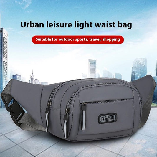 Gray waist bag with 'R Sport' branding on a cityscape background