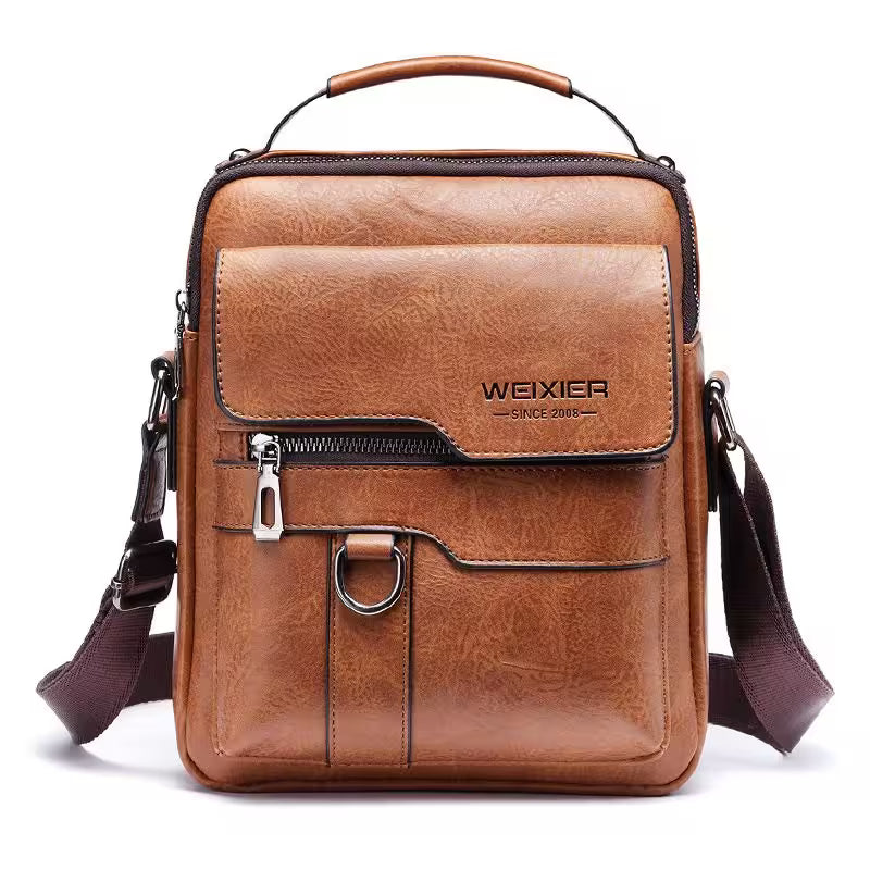 Brown leather crossbody bag with visible brand logo on a white background