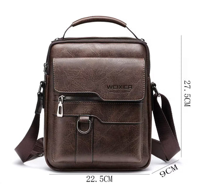 Brown leather crossbody bag with measurements on a white background
