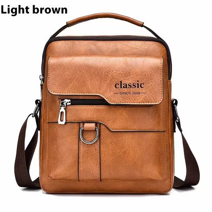 Light brown leather bag with 'classic' branding on a white background