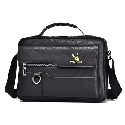 Black leather briefcase with visible brand logo on a white background