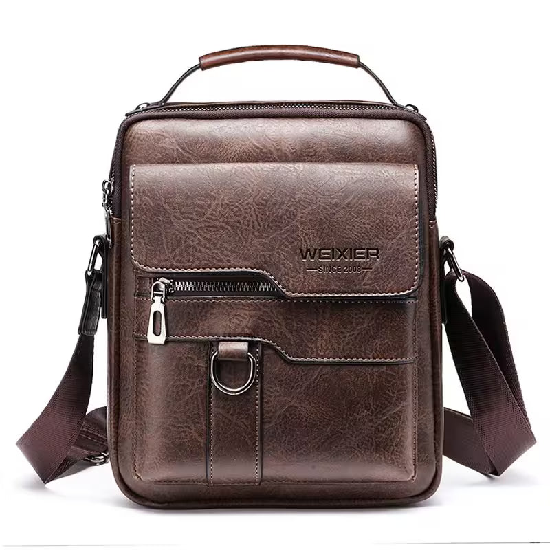 Brown leather crossbody bag with visible brand logo on a white background