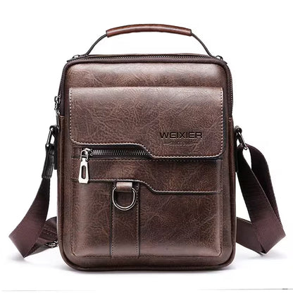 Brown leather crossbody bag with visible brand logo on a white background