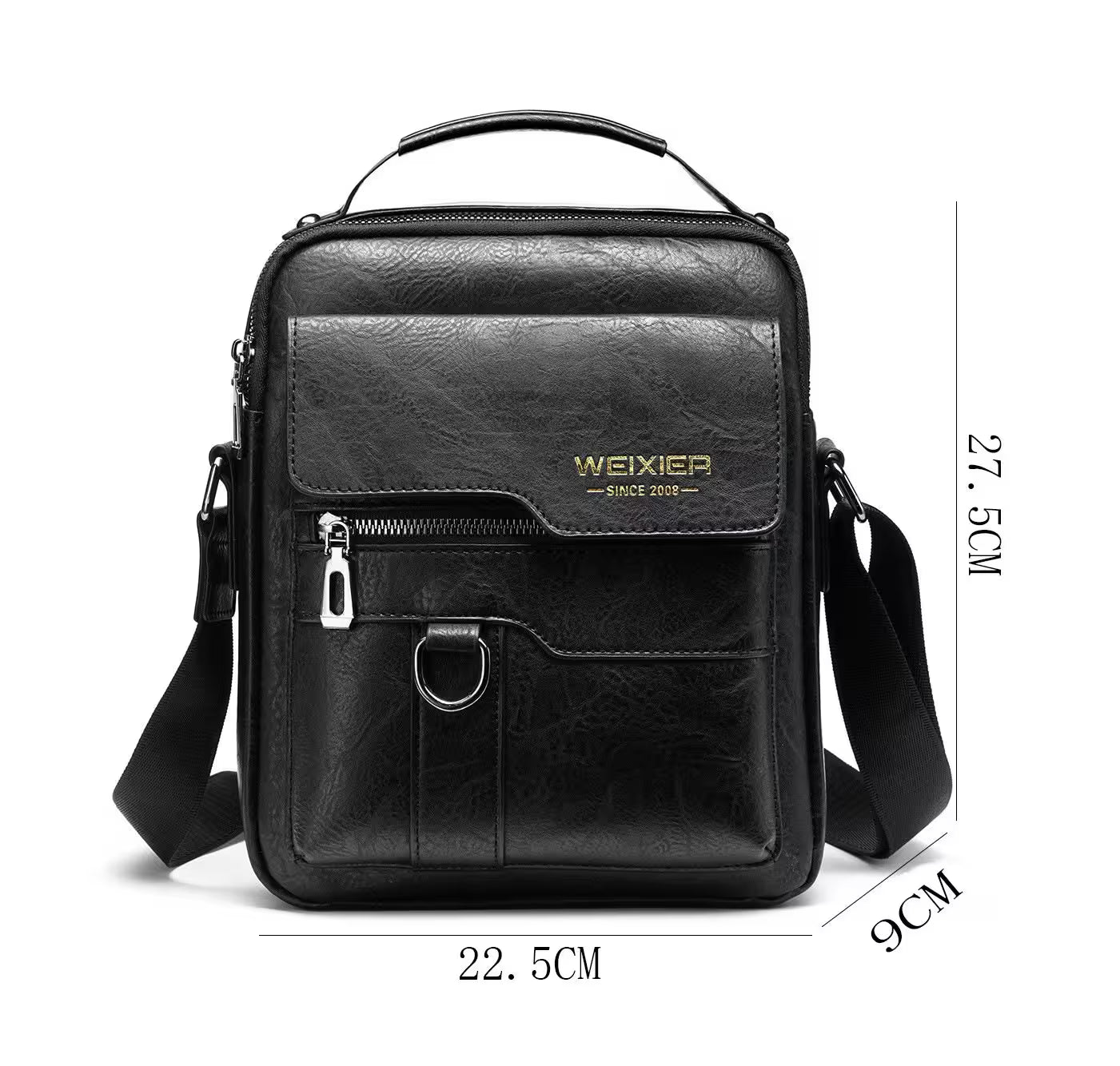 Black leather bag with measurements on a white background