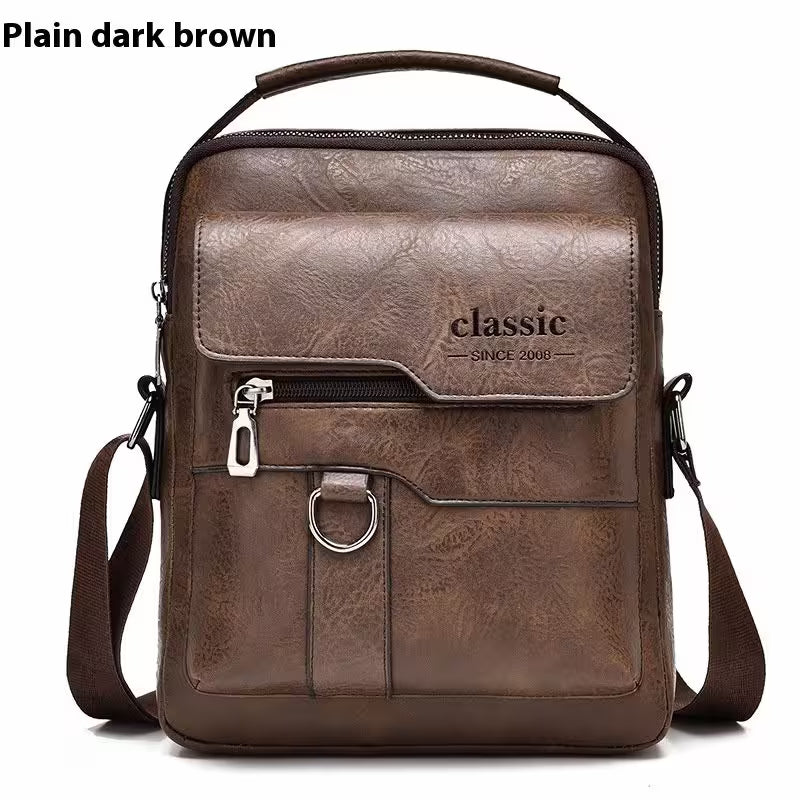 Brown leather bag with 'classic' branding on a white background