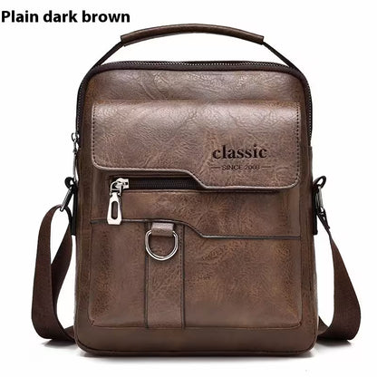 Brown leather bag with 'classic' branding on a white background
