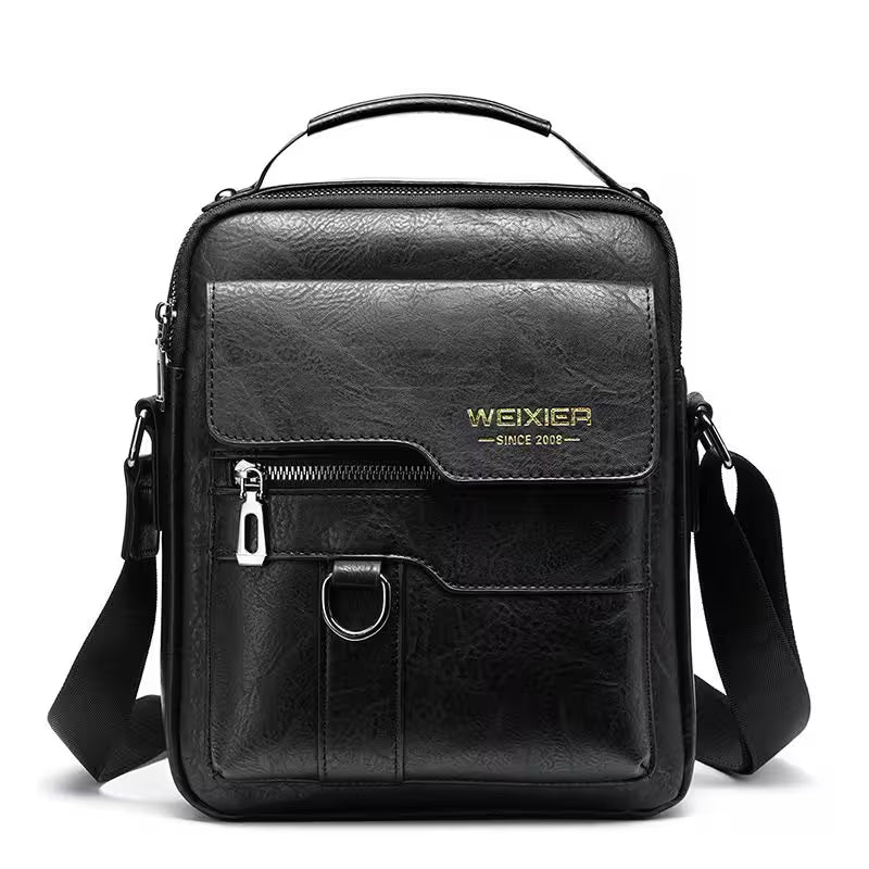 Black leather crossbody bag with visible brand logo on a white background