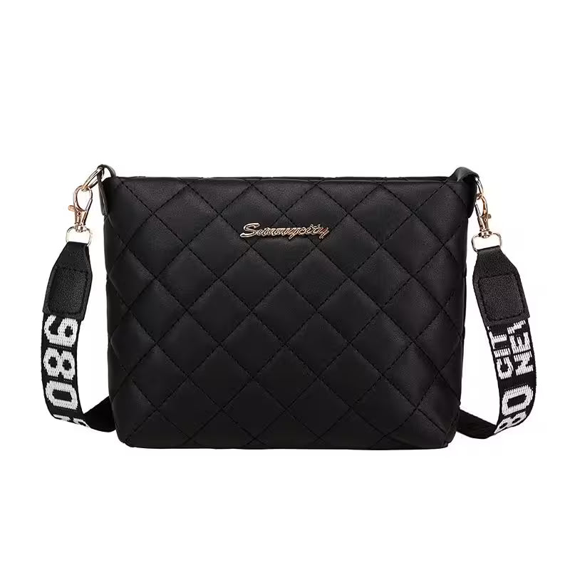 Black quilted handbag with a strap featuring numbers on a white background
