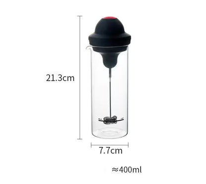 Glass bottle with black cap and measurement details on a white background