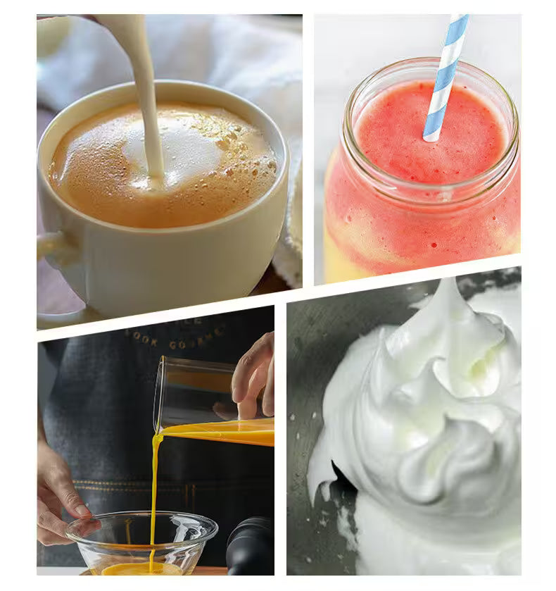 Collage of four images: a cup of coffee with milk, a smoothie in a glass, a person pouring orange juice, and whipped cream.