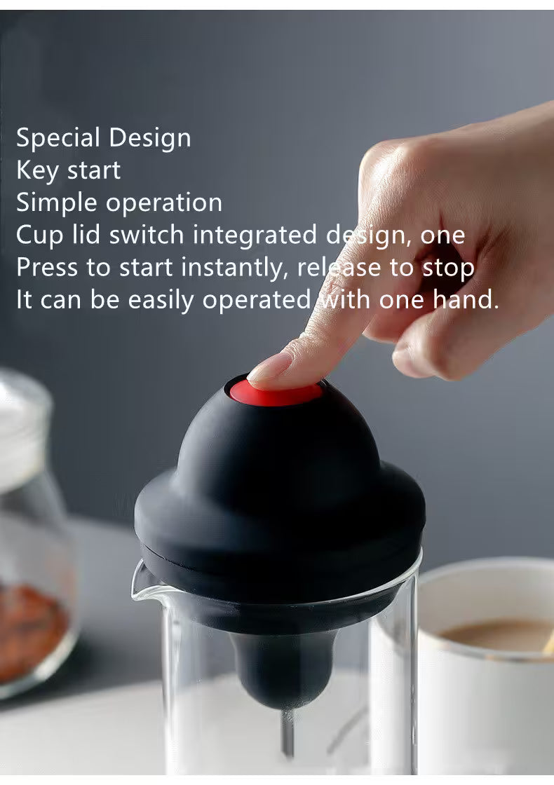 Hand pressing a red button on a black lid with text describing its features.