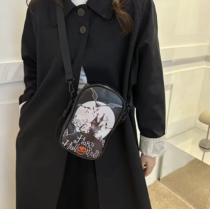 Mini Crossbody Bag For Phone – Women’s Halloween & Gothic Print Small Shoulder Purse with Adjustable Strap and Zip Closure