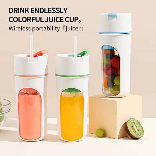 Colorful juice cups with straws and a juicer on a beige background