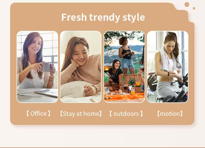 Promotional graphic with lifestyle images of a woman in different settings and text 'Fresh trendy style' at the top.