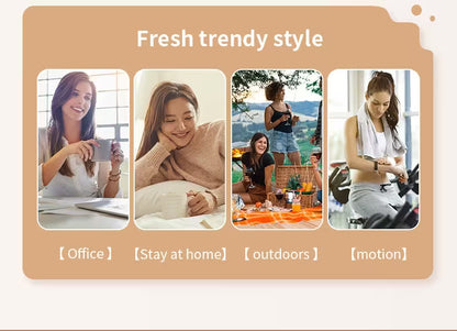 Promotional graphic with lifestyle images of a woman in different settings and text 'Fresh trendy style' at the top.