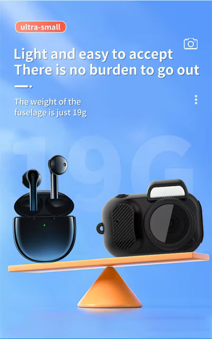 Small camera and earbuds on a balance scale with text about weight on a blue background