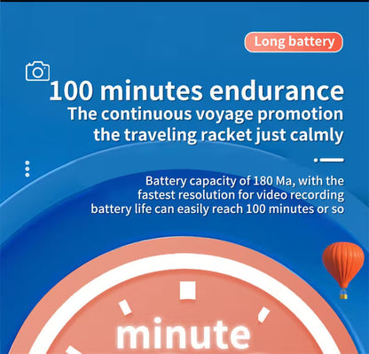 Promotional graphic for a traveling racket with battery endurance information on a blue background.