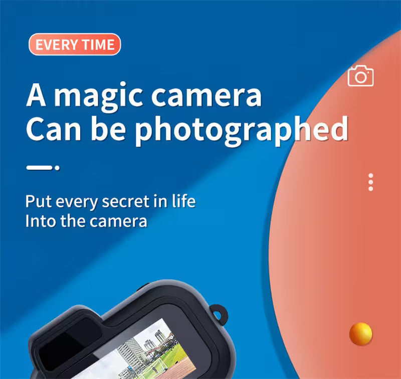 Camera with screen displaying a cityscape on a blue background with text about capturing moments.