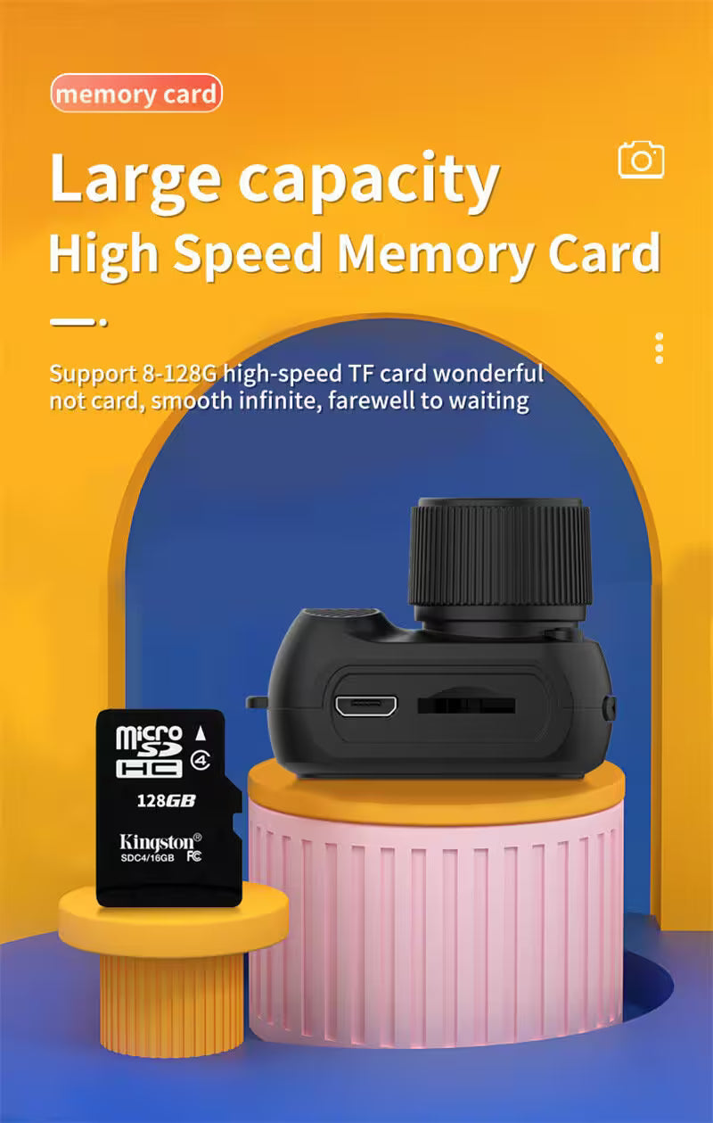 Memory card with camera and text on a colorful background